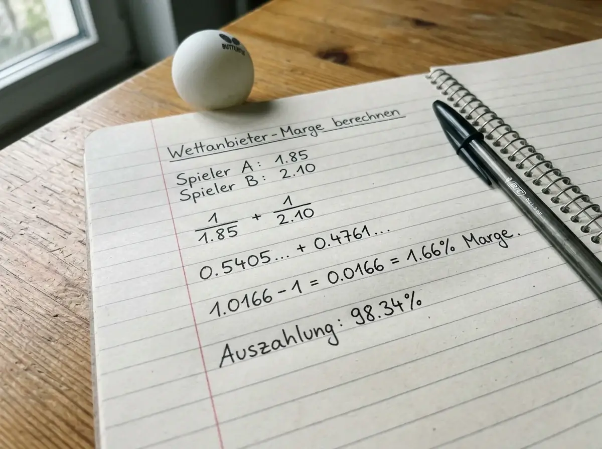 Notizblock mit handschriftlicher Berechnung der Anbietermarge aus zwei Quoten