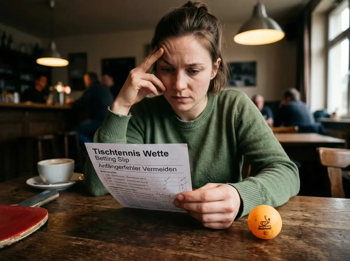 Anfänger überlegt nachdenklich, um typische Fehler bei Tischtennis-Wetten zu vermeiden