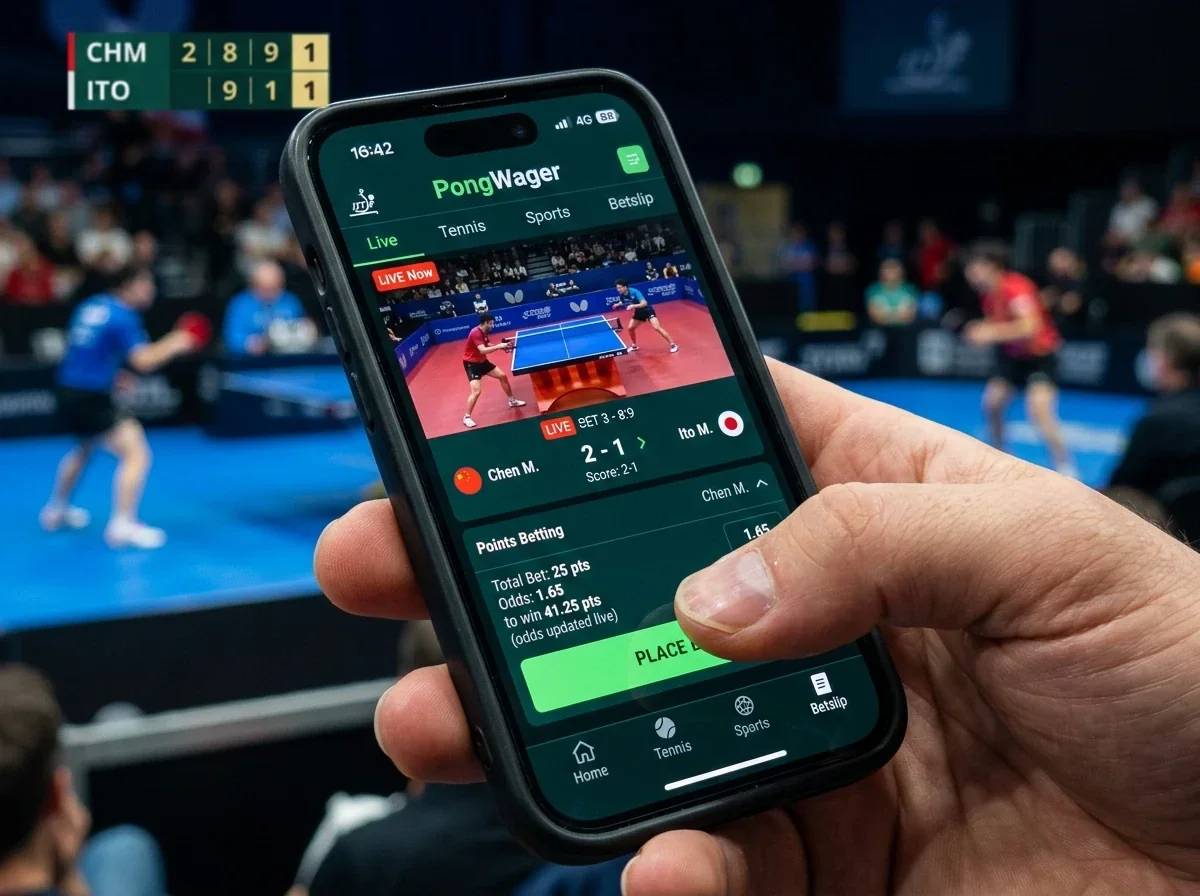 Daumen bedient schnell eine Wett-App während eines laufenden Tischtennissatzes
