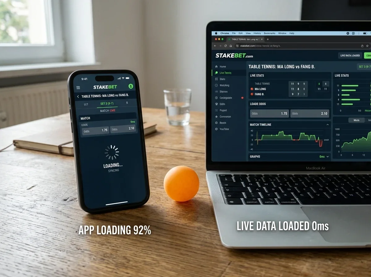 Smartphone und Laptop nebeneinander zeigen den Geschwindigkeitsvergleich von App und Web