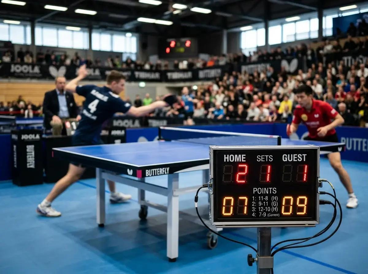 Anzeigetafel zeigt den Satzstand eines Best-of-fünf-Tischtennisspiels