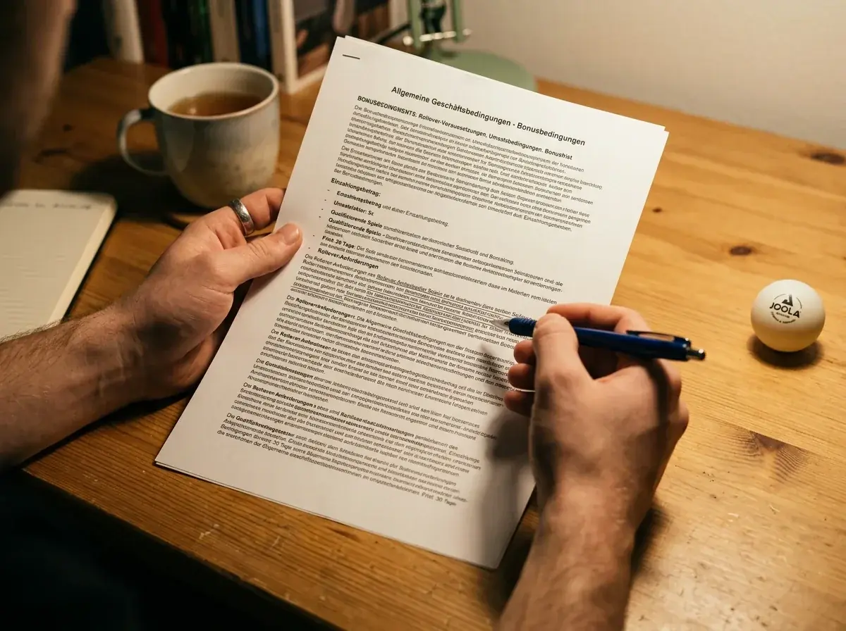 Person prüft mit Stift in der Hand ein gedrucktes Dokument mit Bonusbedingungen
