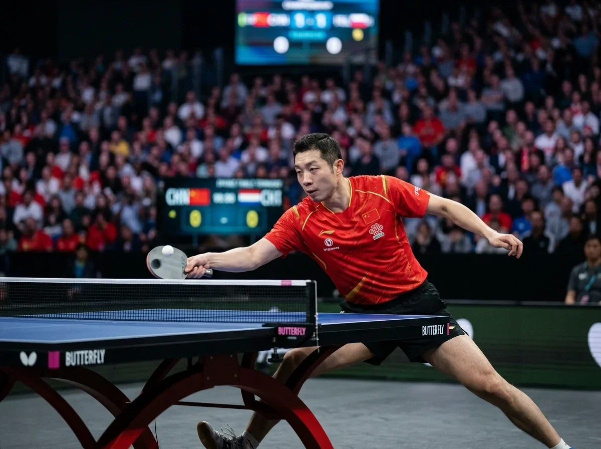 Chinesischer Spitzenspieler dominiert ein Tischtennisspiel bei einem Großevent