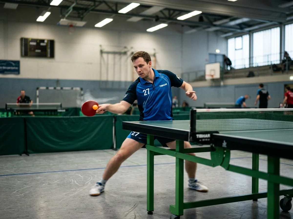 Defensiver Tischtennisspieler weit hinter der Platte bei einem langen Ballwechsel