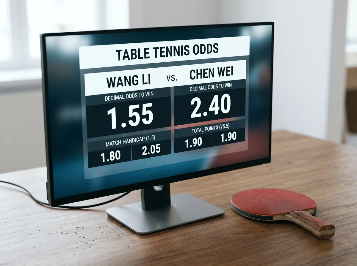 Bildschirm zeigt Dezimalquoten für ein Tischtennisspiel mit zwei Spielern