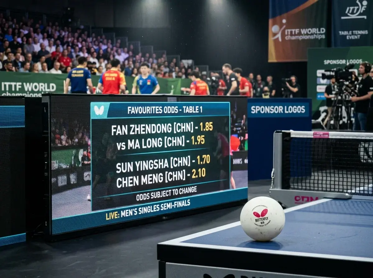 Bildschirm zeigt sehr enge Favoritenquoten bei einem Tischtennis-Großevent