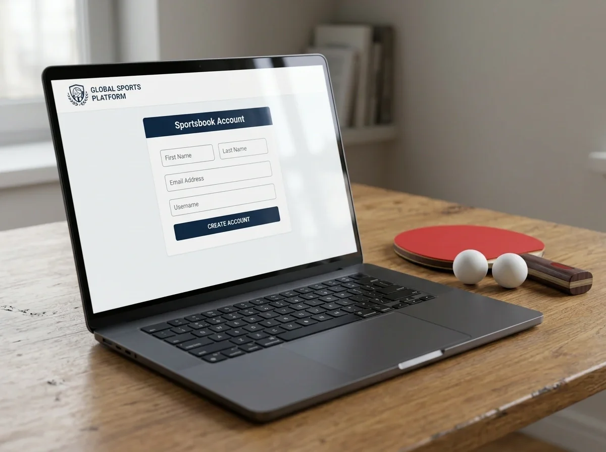 Laptop zeigt das Anlegen eines Wettkontos für den Einstieg in Tischtennis-Wetten