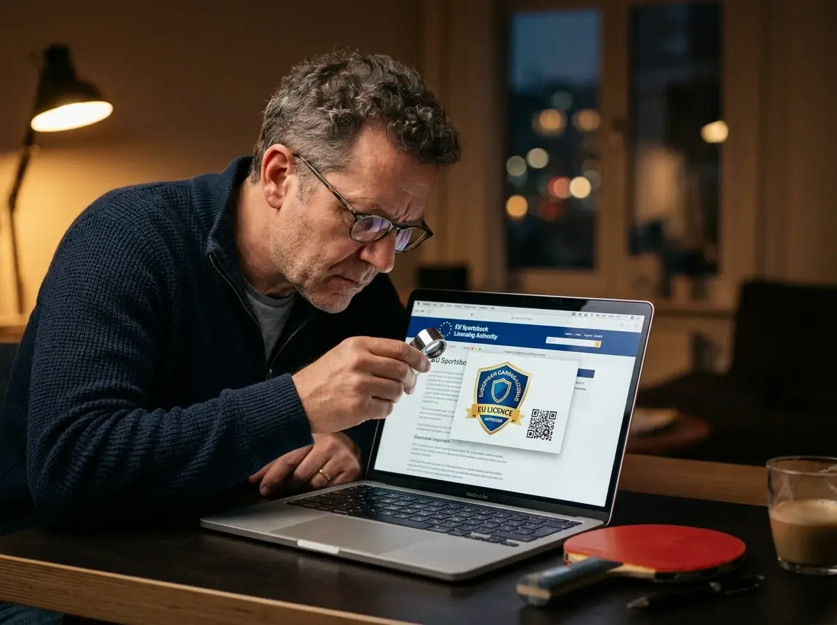 Person prüft auf einem Laptop kritisch das Lizenzsiegel eines Wettanbieters