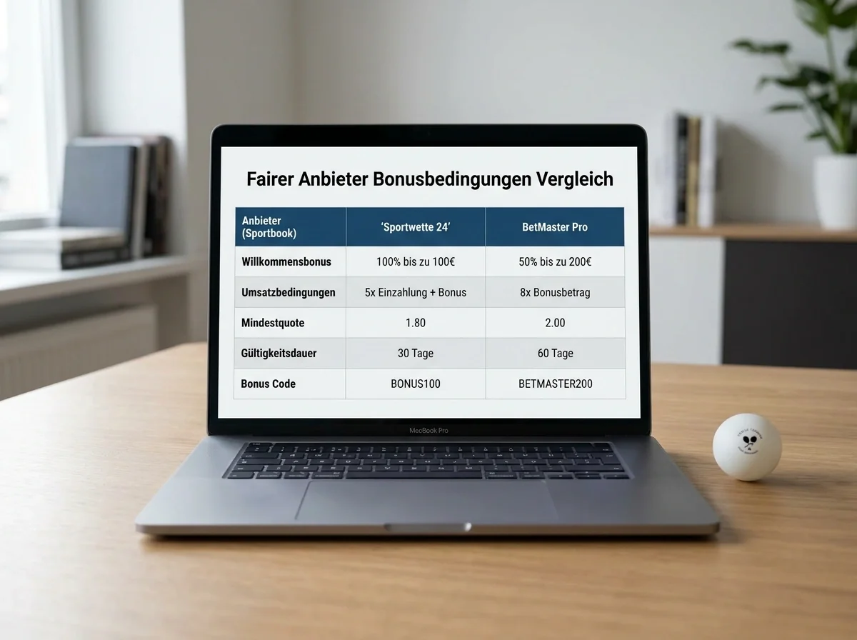 Laptop zeigt den Vergleich der Bonusbedingungen zweier seriöser Wettanbieter