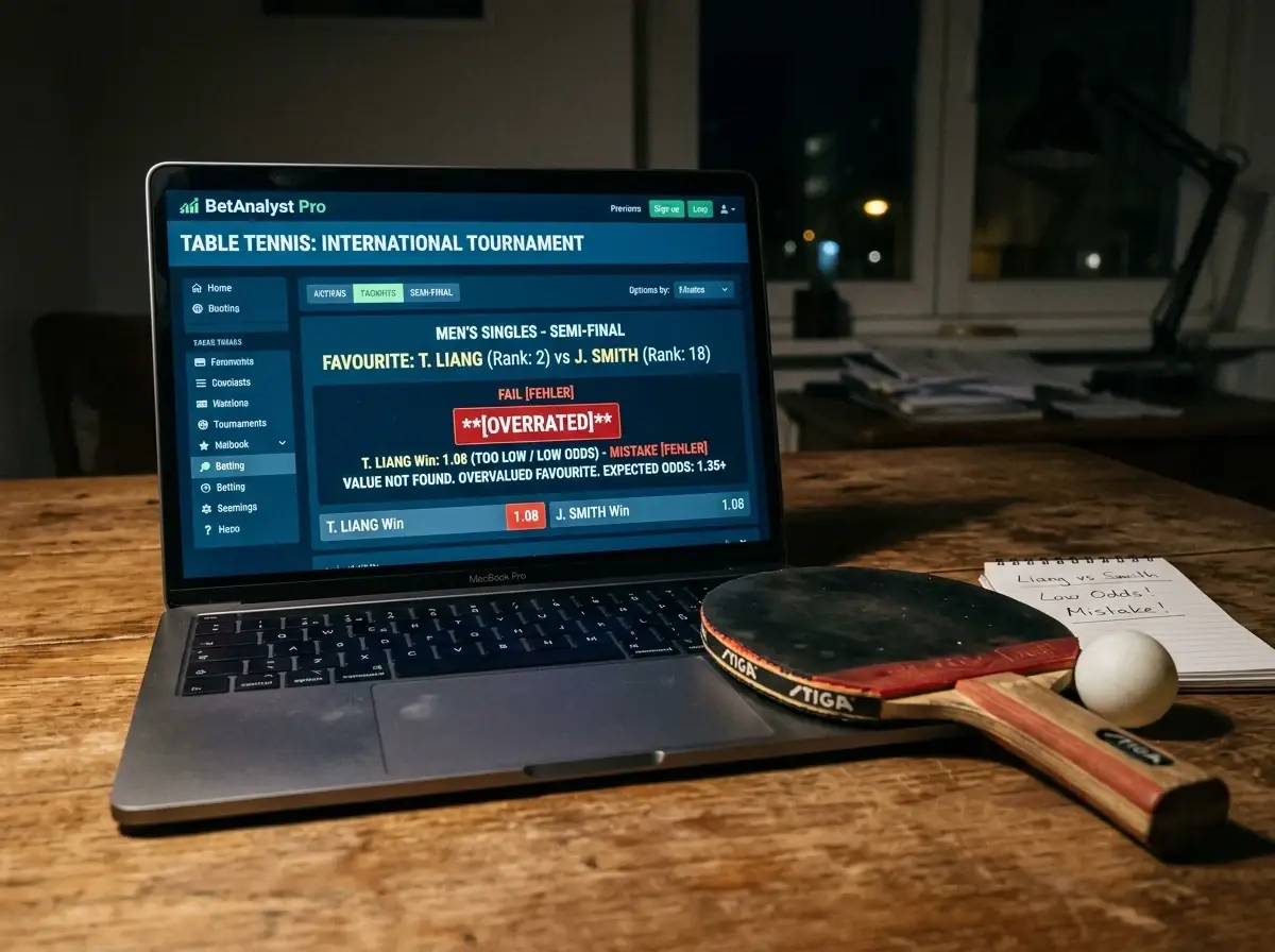 Bildschirm zeigt einen überschätzten Favoriten mit zu niedriger Tischtennis-Quote