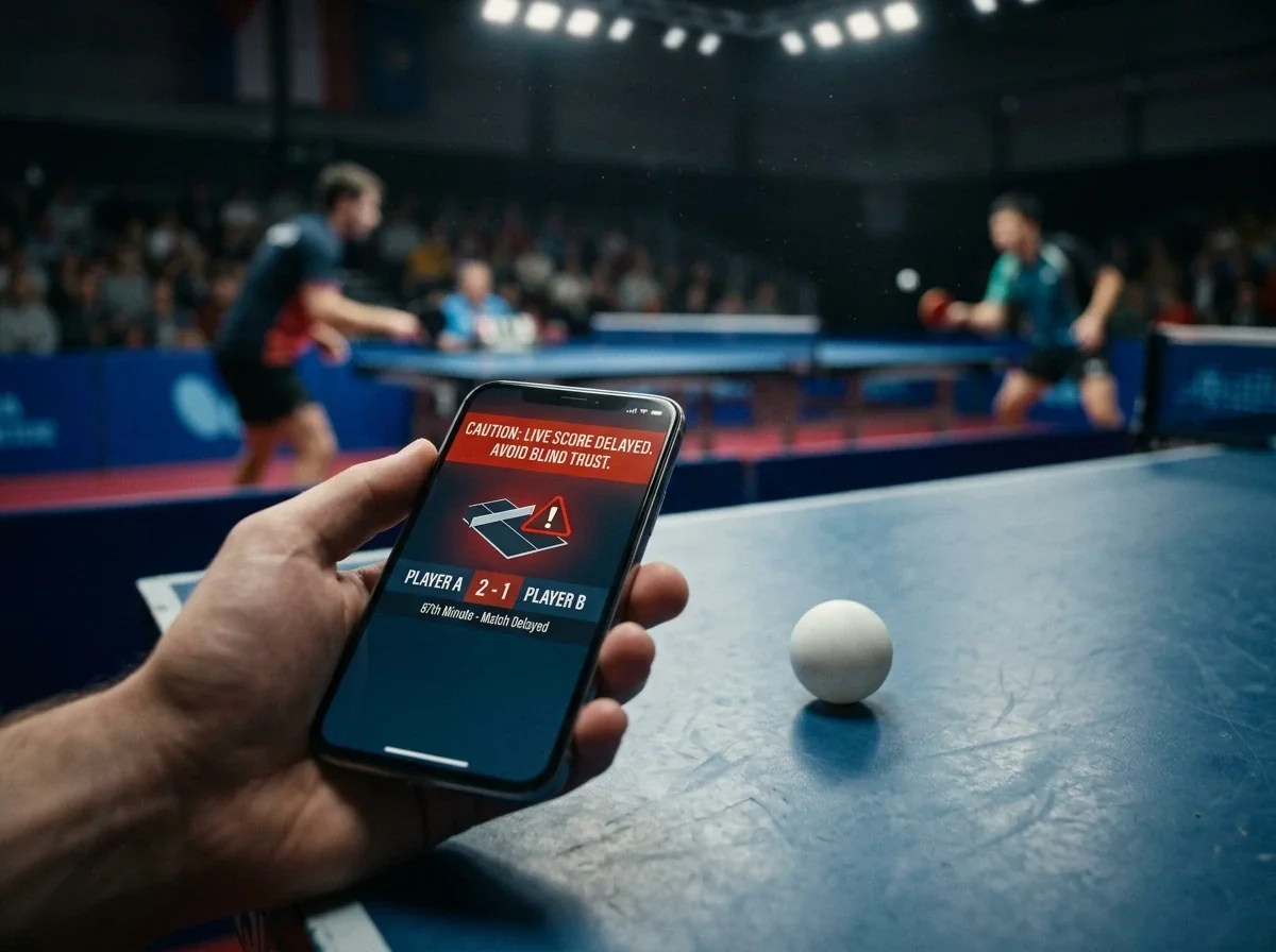 Bildschirm zeigt einen verzögerten Live-Score eines Tischtennisspiels als Fehlerquelle
