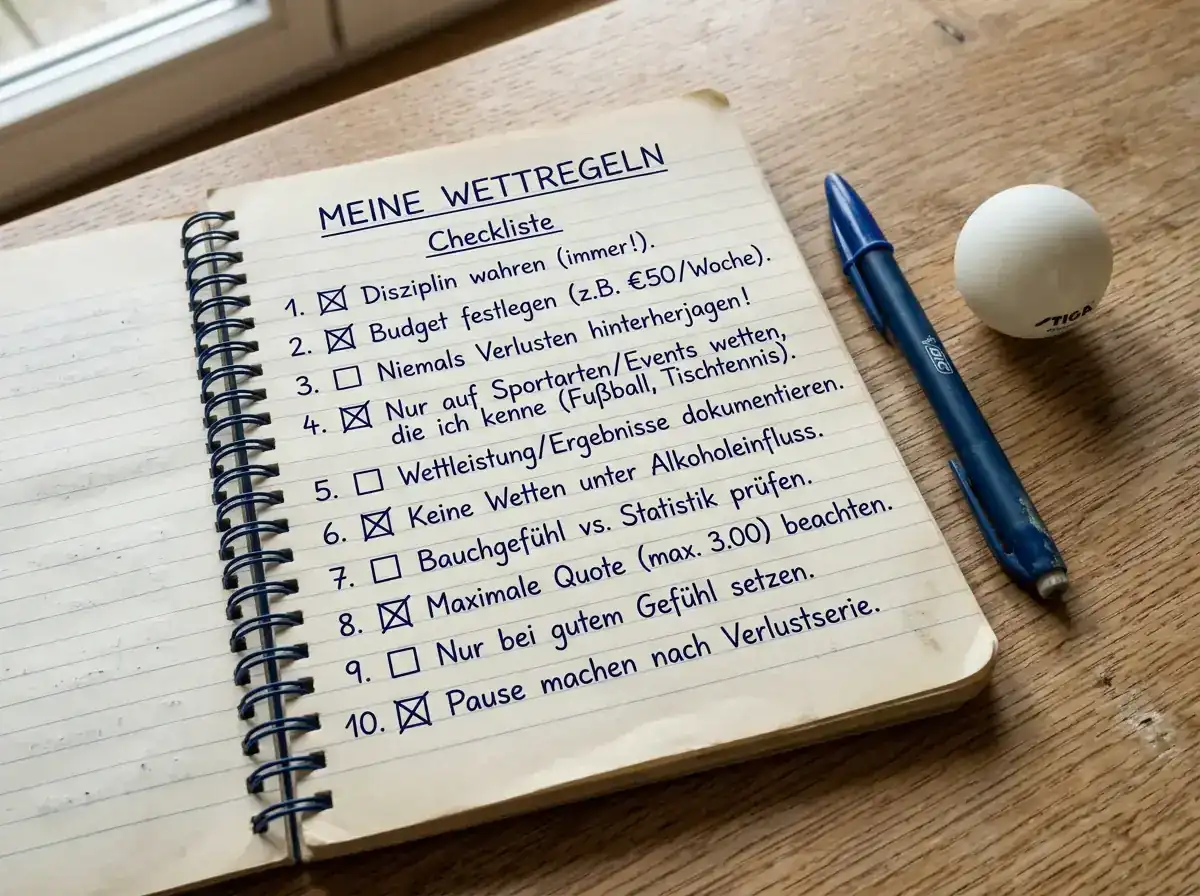 Notizblock mit festen persönlichen Regeln für diszipliniertes Tischtennis-Wetten