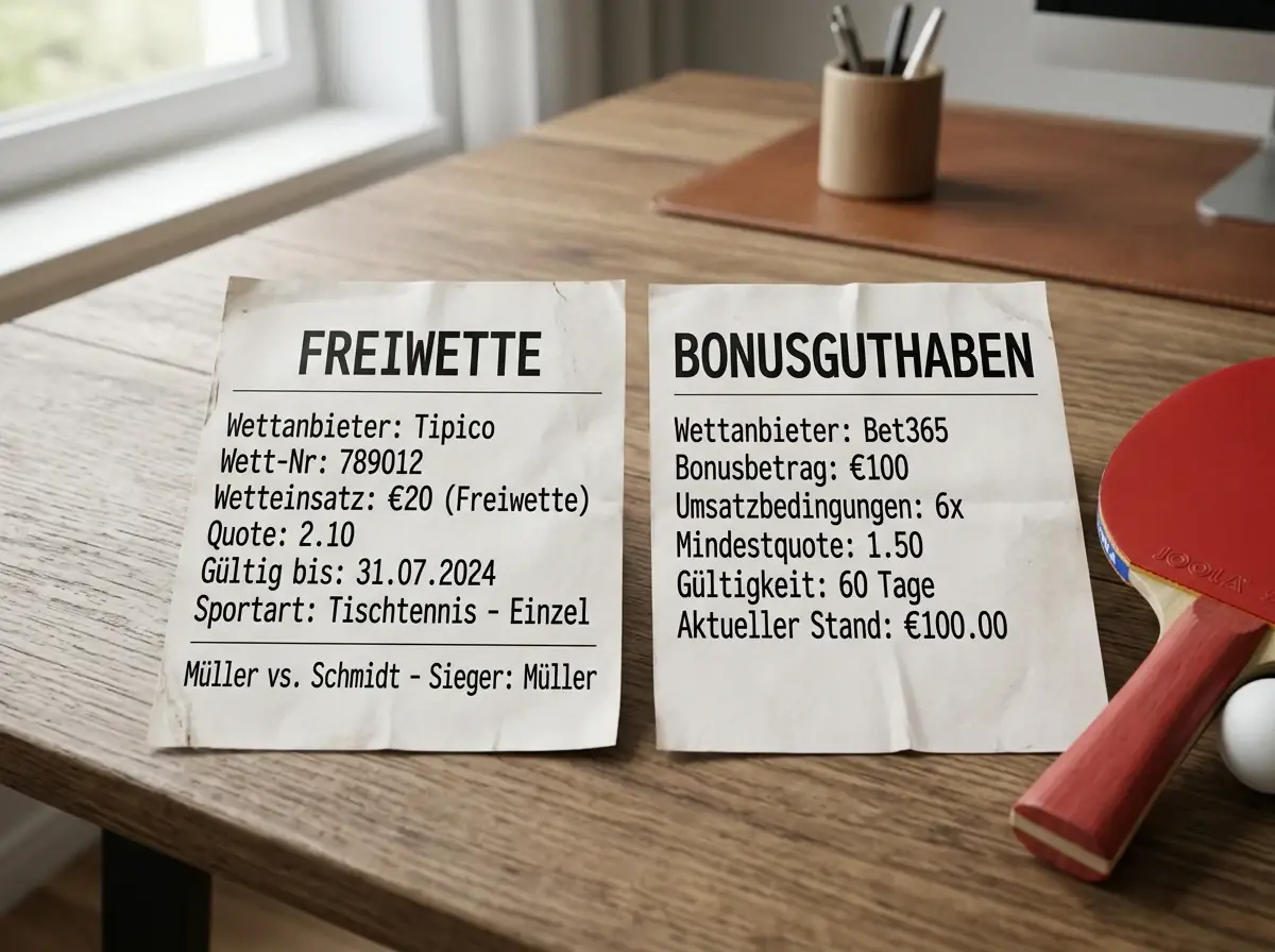 Zwei nebeneinander liegende Wettscheine kennzeichnen Freiwette und Bonusguthaben im Vergleich