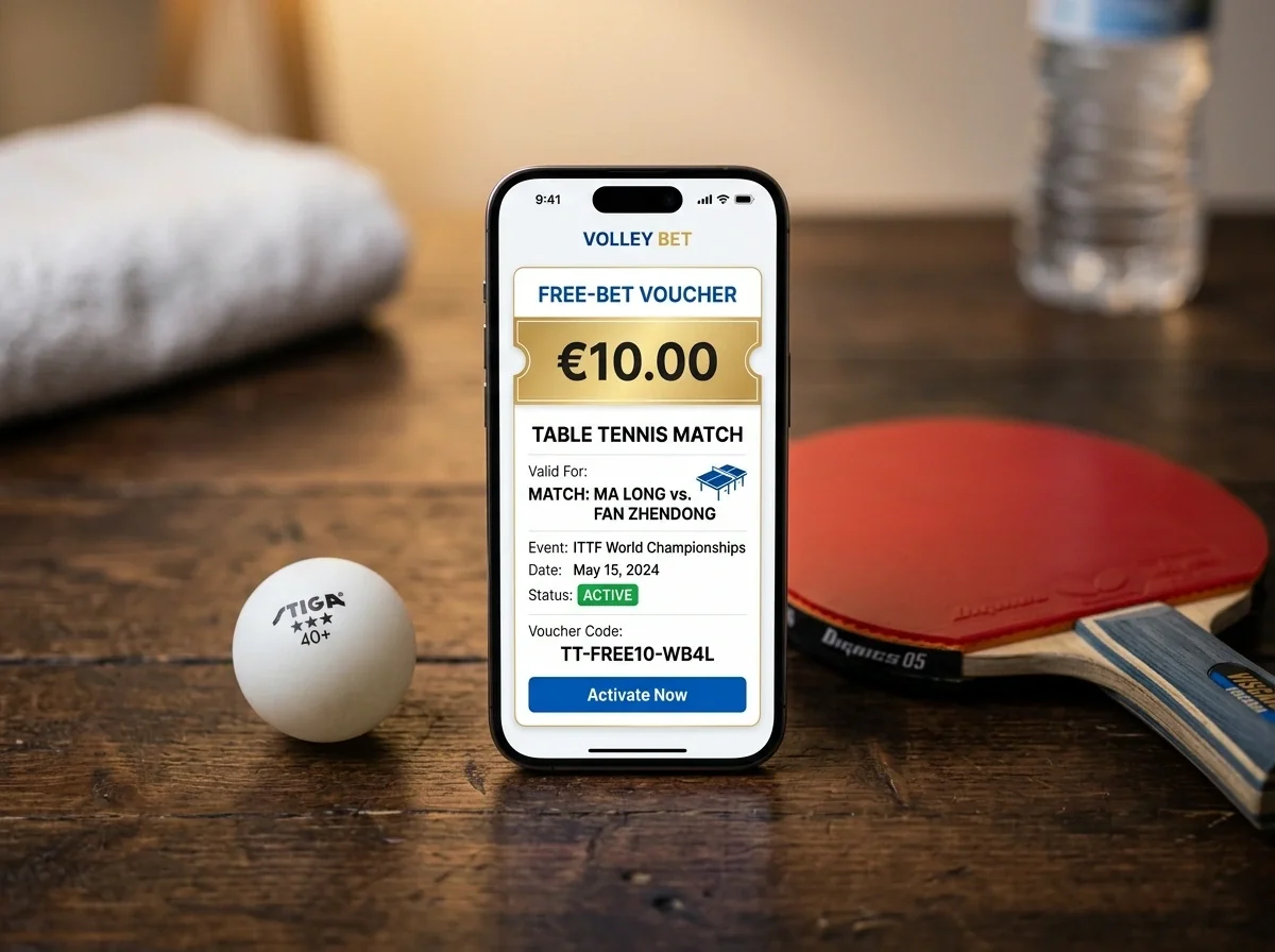 Digitaler Wettgutschein für eine Freiwette auf ein Tischtennisspiel auf einem Smartphone