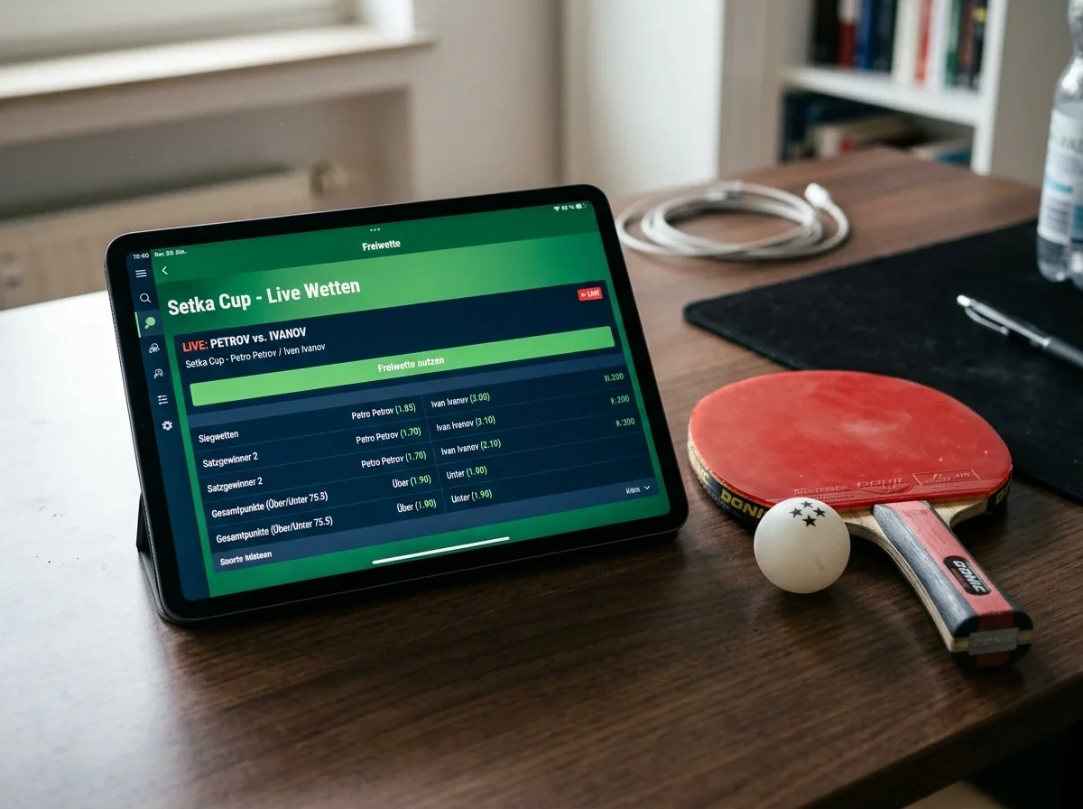 Tablet zeigt Tischtennis-Quoten eines Setka-Cup-Spiels für den Einsatz einer Freiwette