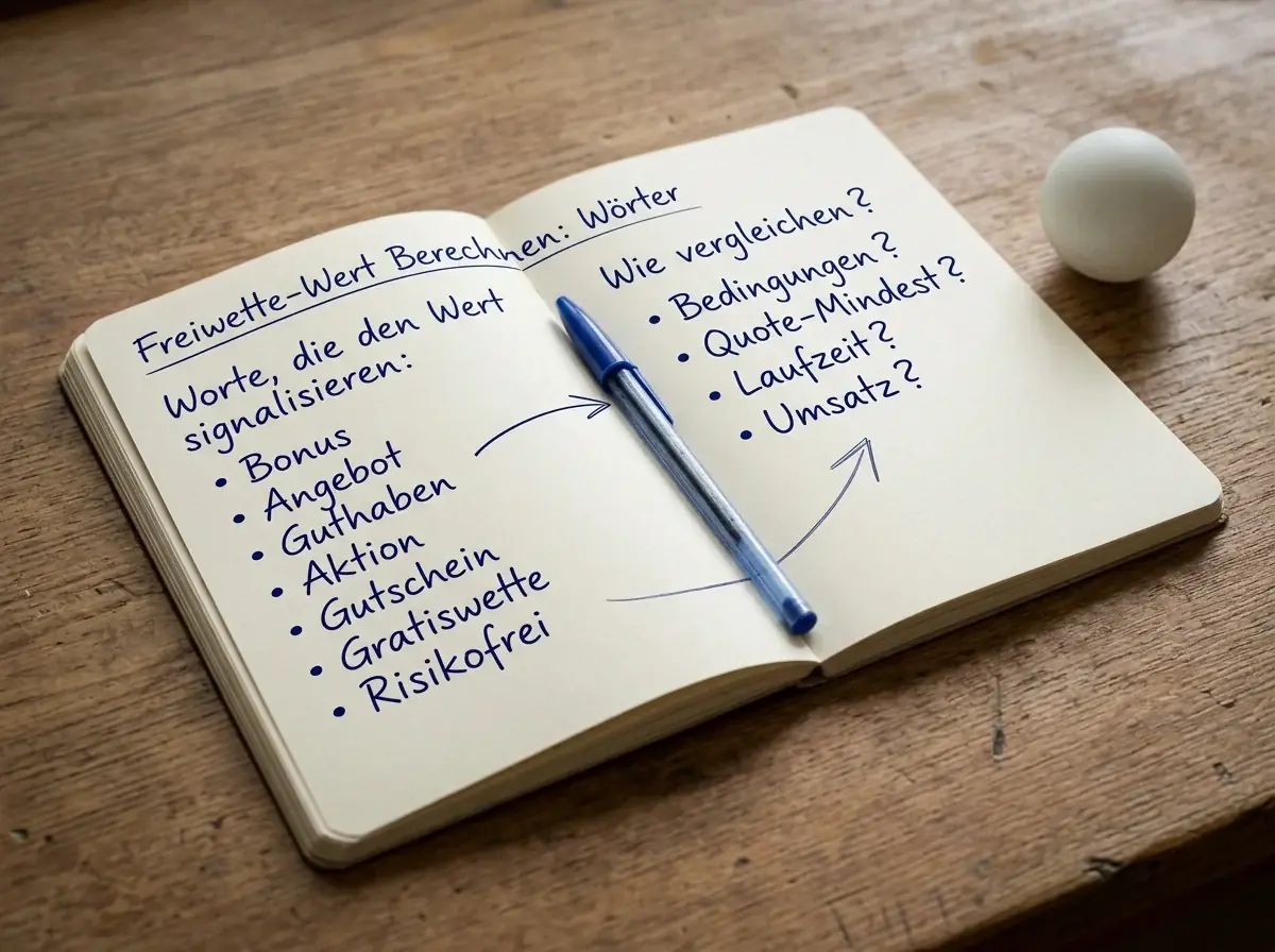 Handschriftliche Notizen zur Wertberechnung einer Freiwette neben einem Tischtennisball