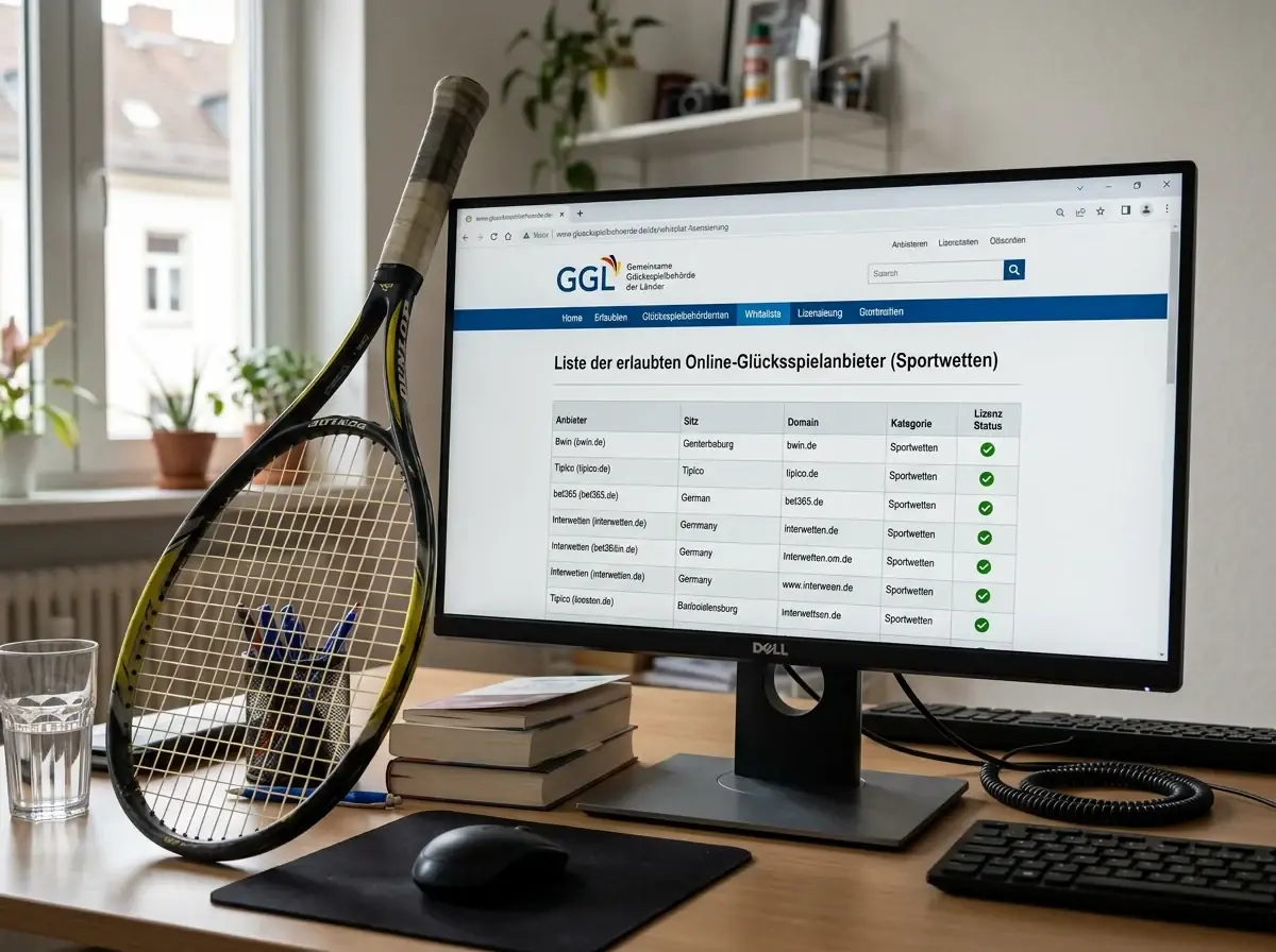 Bildschirm zeigt die Whitelist der deutschen Glücksspielbehörde mit lizenzierten Anbietern