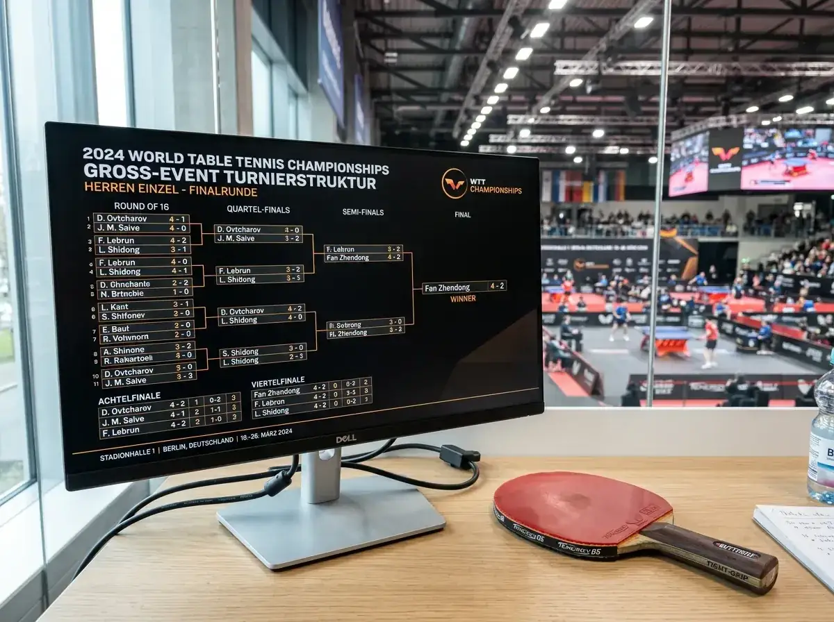 Bildschirm zeigt den Turnierbaum eines großen Tischtennis-Championats