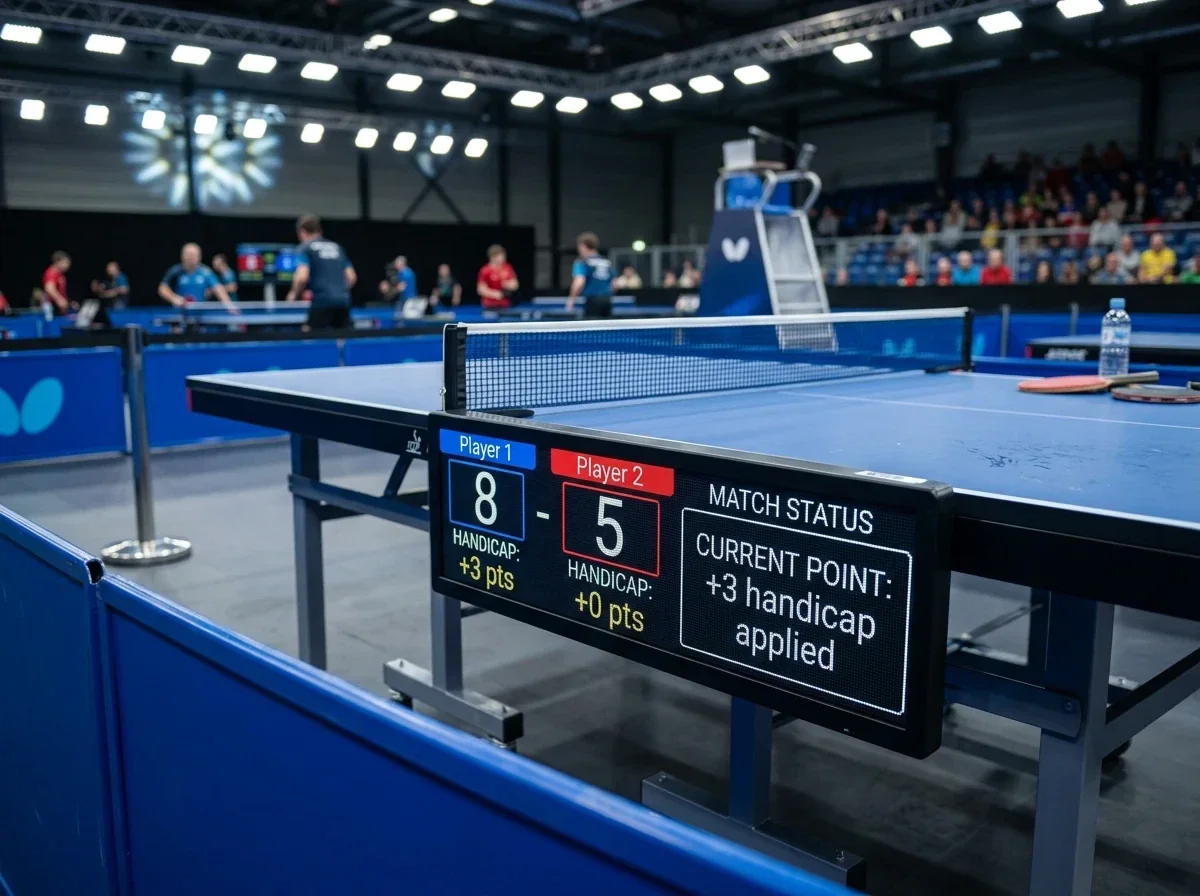 Anzeigetafel zeigt einen rechnerischen Vorsprung als Handicap für einen Tischtennisspieler