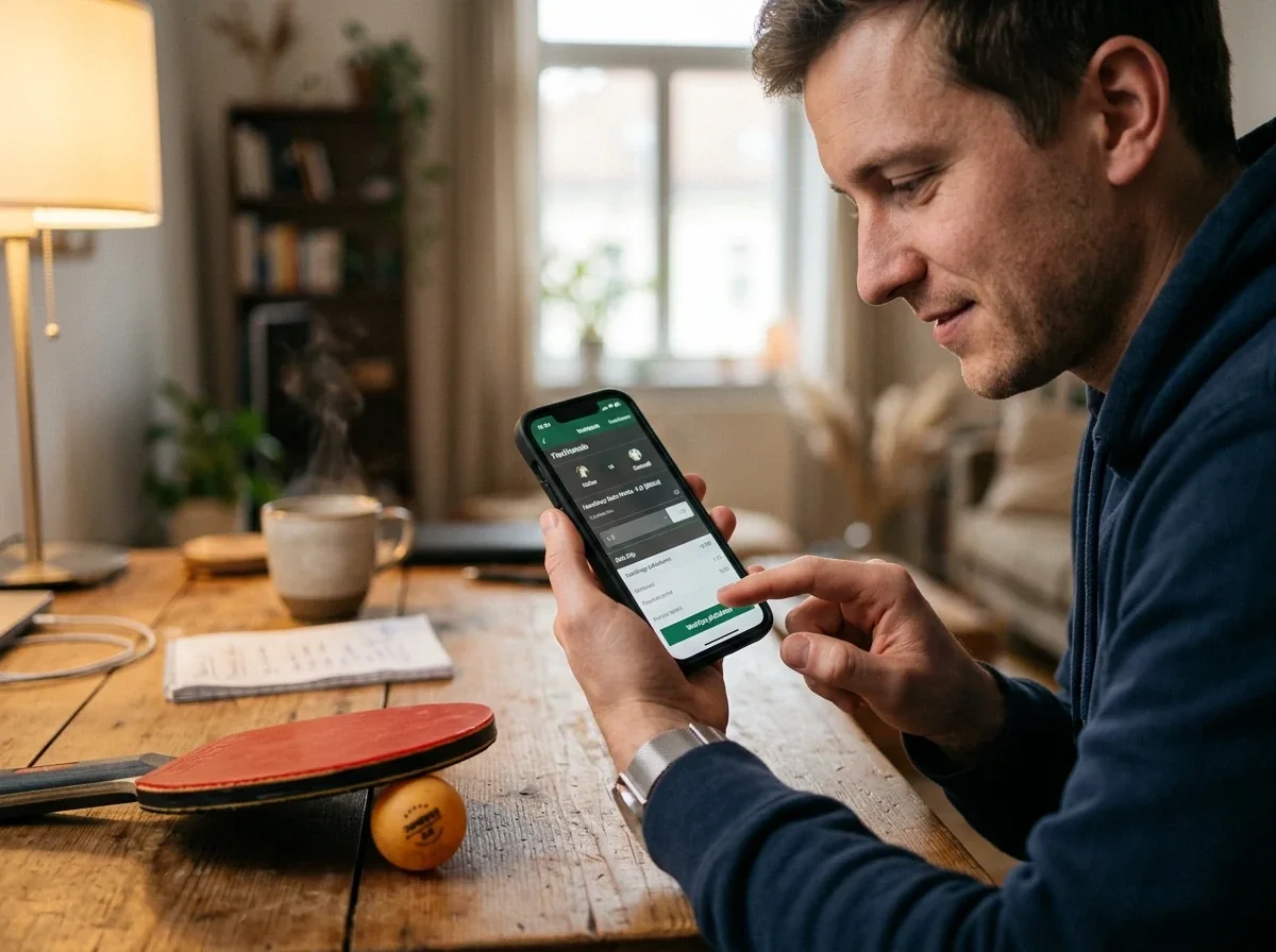 Wettender platziert auf dem Smartphone eine Handicap-Wette auf ein Tischtennisspiel