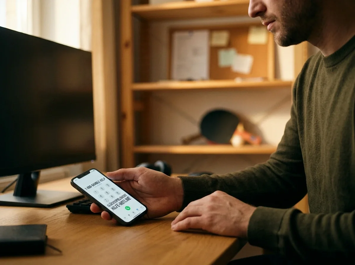 Person greift zum Telefon, um eine Beratungsstelle für Glücksspiel-Hilfe zu erreichen