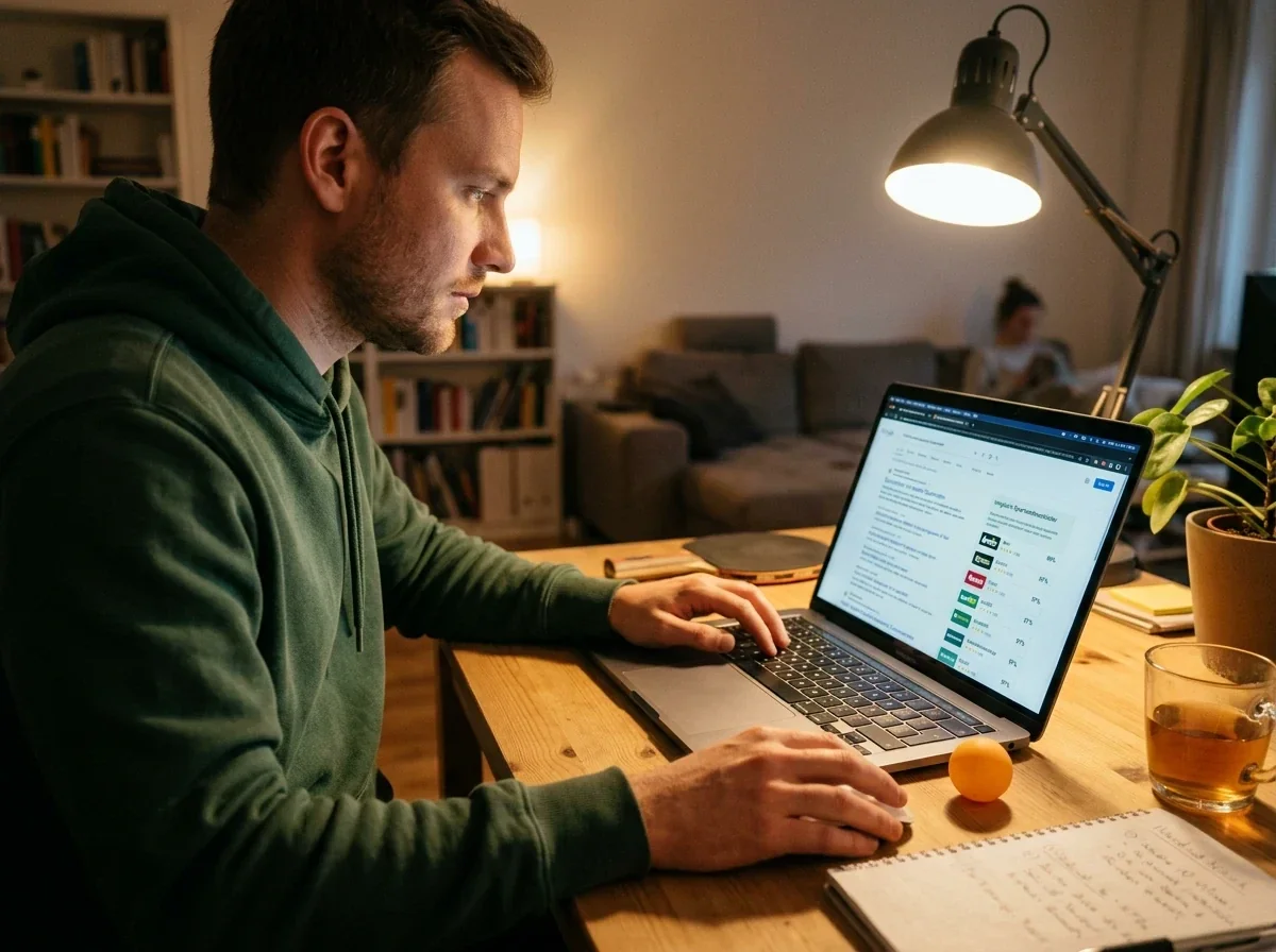 Person sucht auf einem Laptop einen Anbieter mit hoher Auszahlungsquote