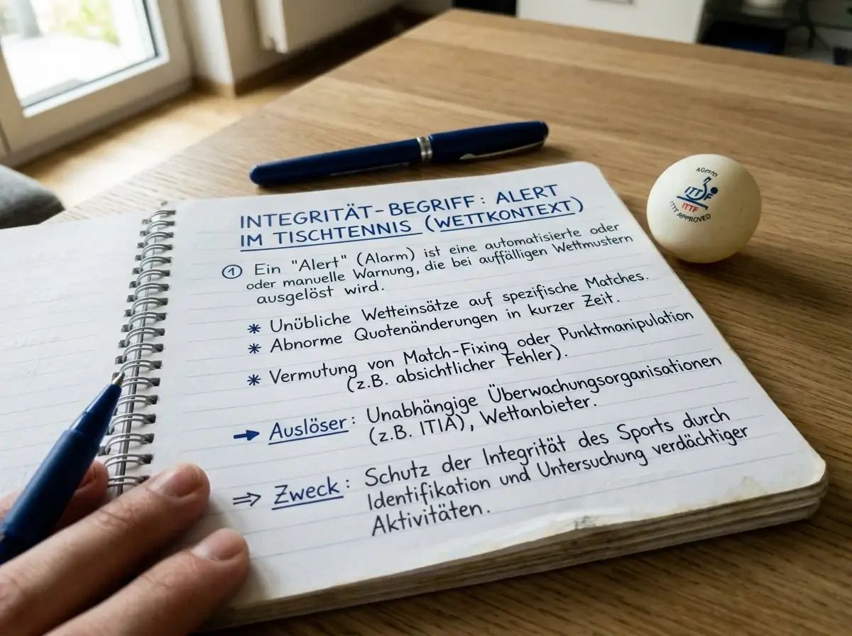 Notizbuch erklärt den Integritätsbegriff Alert im Kontext von Tischtennis-Wetten