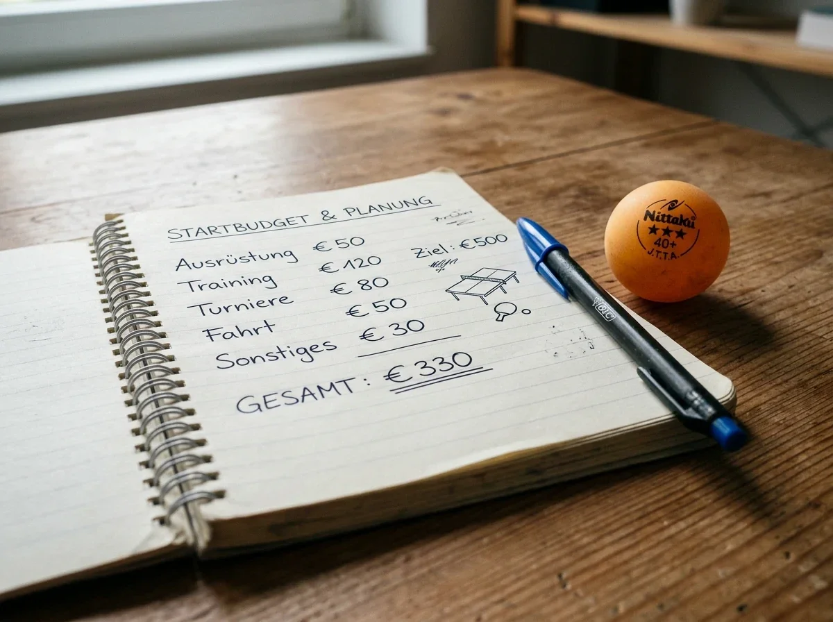 Notizblock mit einem einfachen Plan für ein kleines Startbudget beim Tischtennis-Wetten