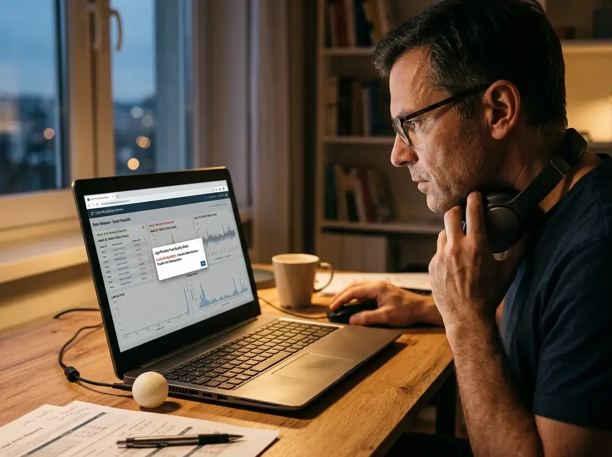 Analyst prüft kritisch die Datenqualität eines Liga-Pro-Wettmarktes am Laptop