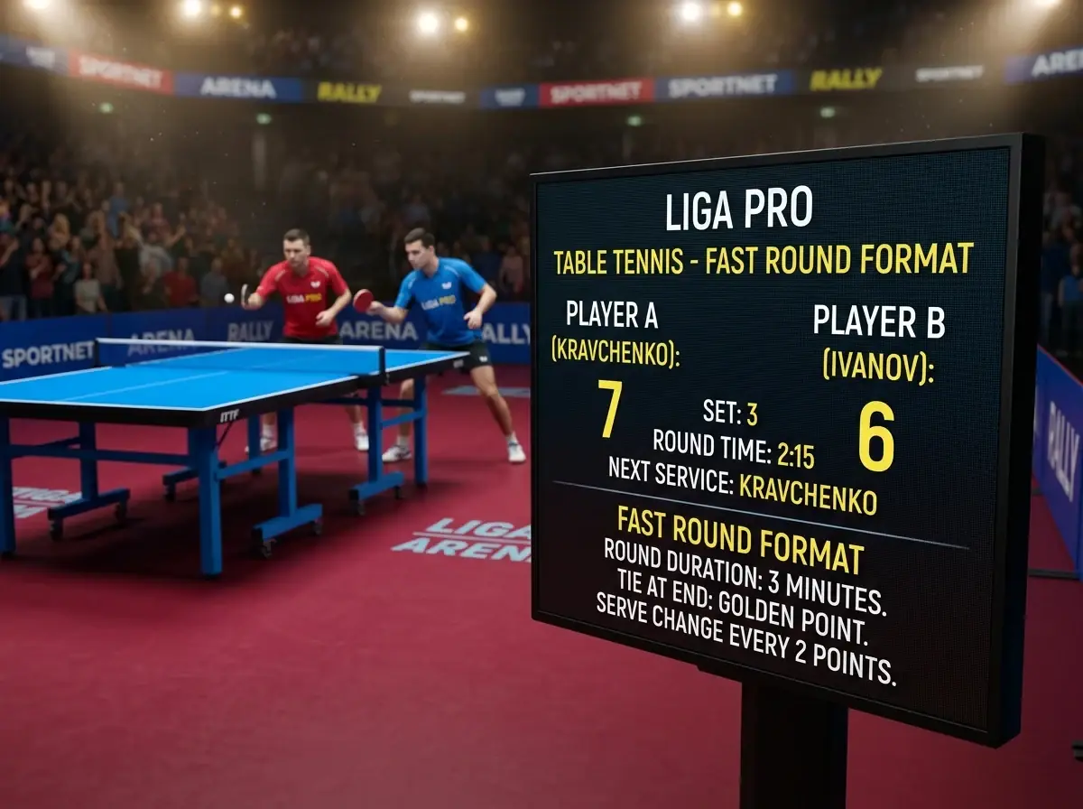 Anzeigetafel zeigt das schnelle Rundenformat eines Liga-Pro-Tischtennisspiels
