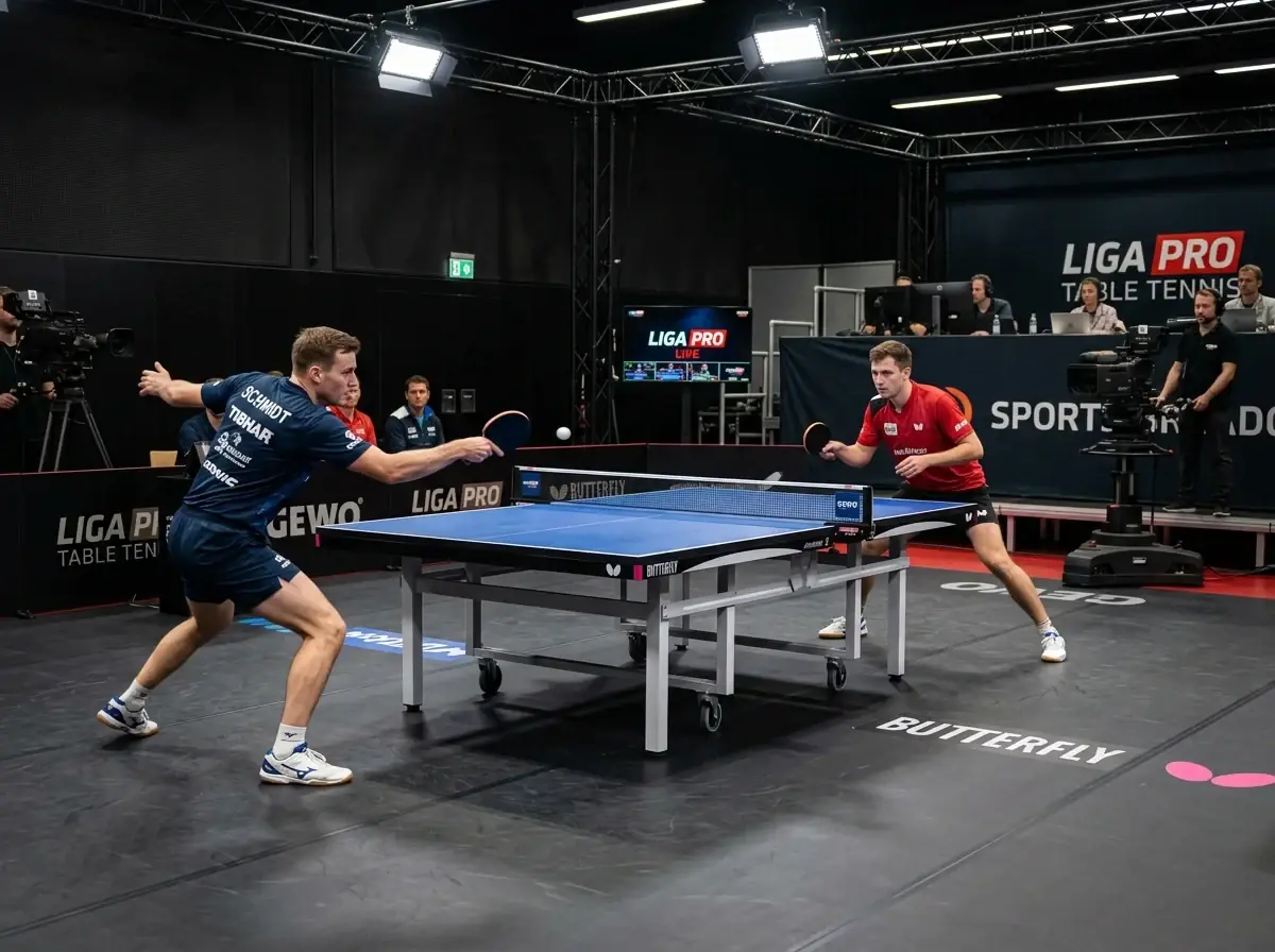 Tischtennistisch in einem Studio während eines Liga-Pro-Spiels im Dauerbetrieb