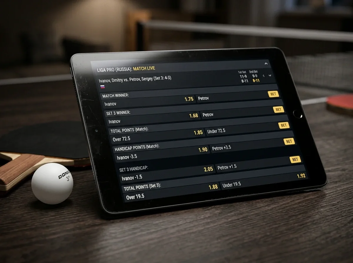 Tablet zeigt die verschiedenen Wettmärkte eines Liga-Pro-Spiels