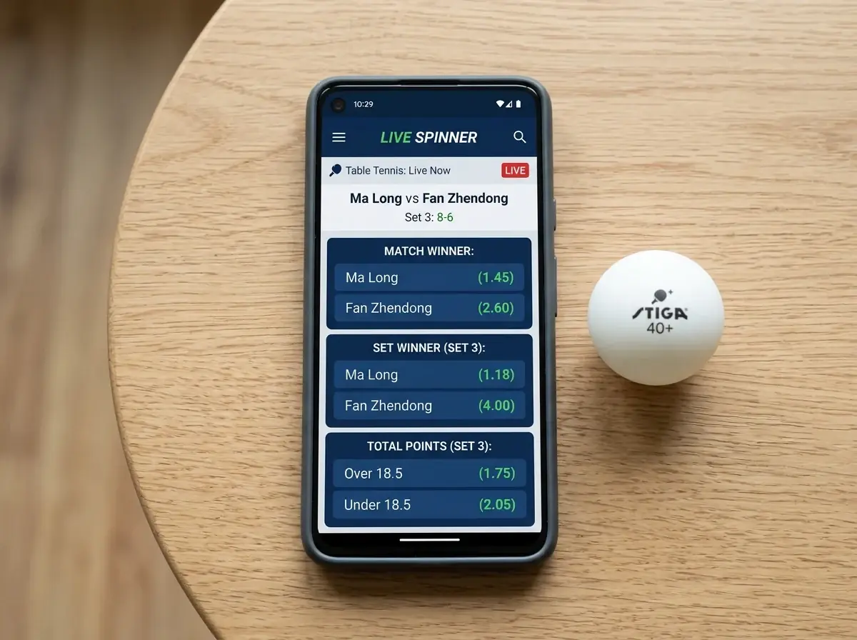 Smartphone zeigt schnelle, klar gestaltete Live-Quoten einer Tischtennis-Wett-App