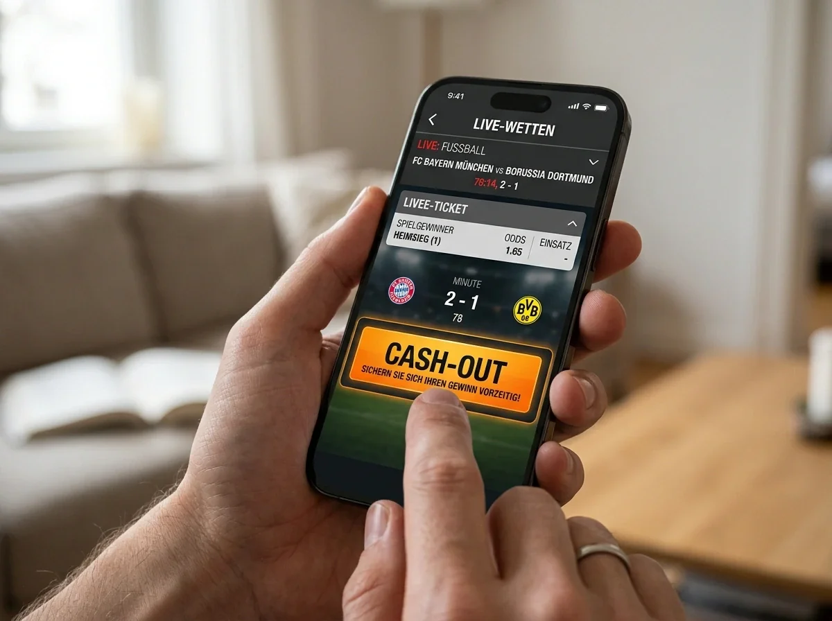 Cash-Out-Schaltfläche einer Wett-App bei einer laufenden Live-Wette auf dem Smartphone