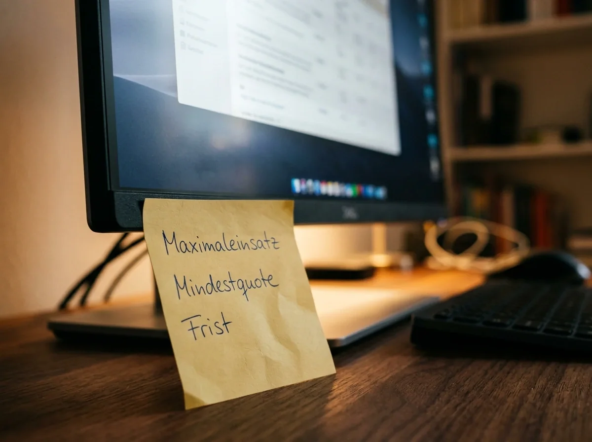Handschriftlicher Zettel mit den drei Bonus-Leitplanken Maximaleinsatz, Mindestquote und Frist