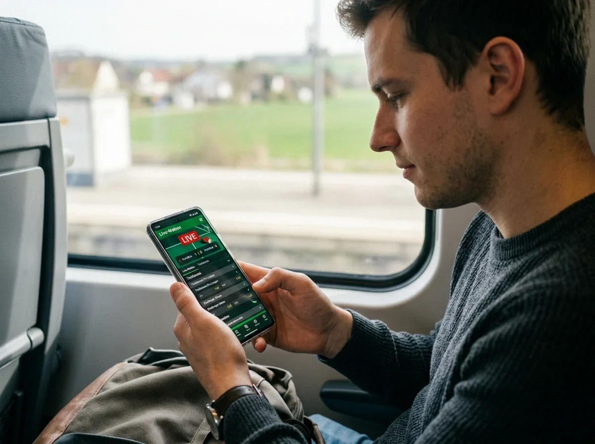 Person platziert unterwegs eine mobile Live-Wette auf Tischtennis bei stabiler Verbindung