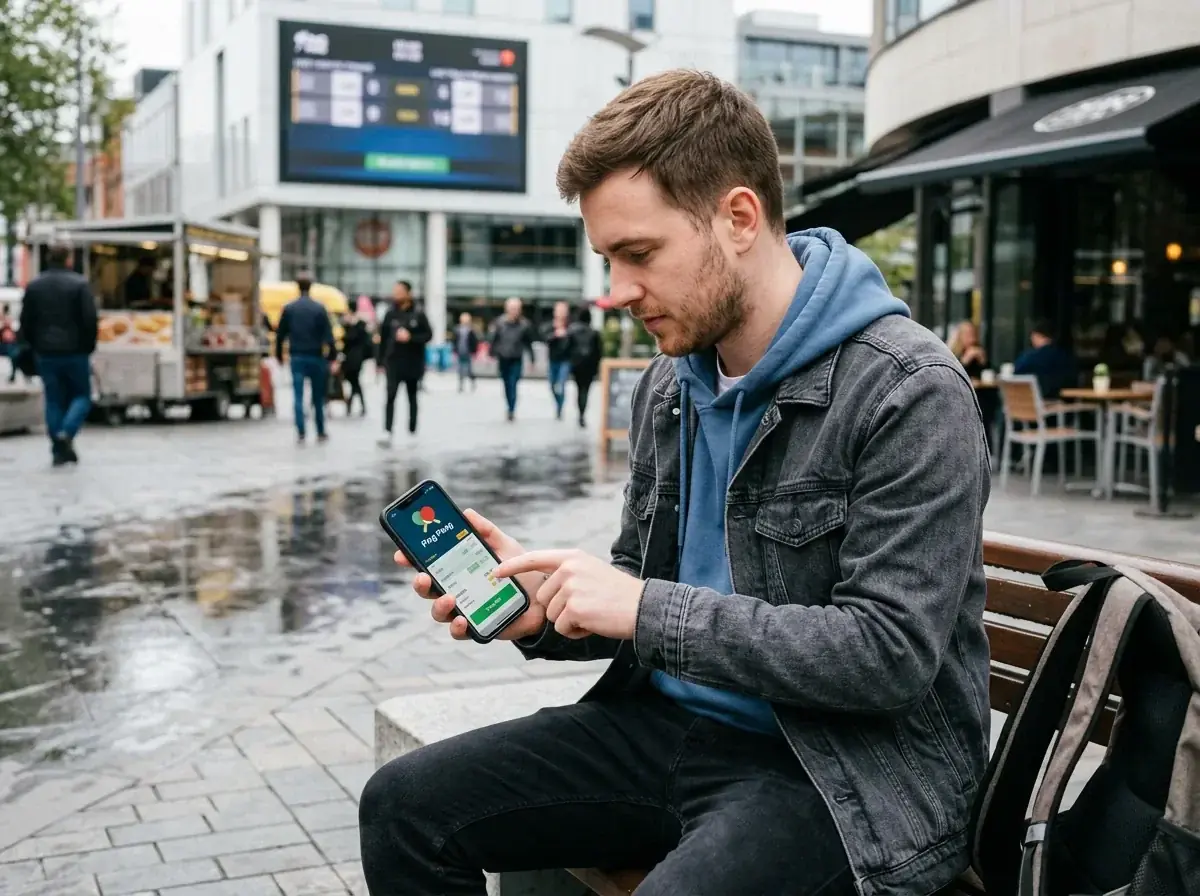 Person platziert unterwegs auf dem Smartphone eine Tischtennis-Wette