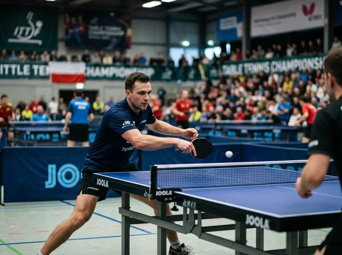 Tischtennisspieler im positiven Spielfluss mit hoher Konzentration an der Platte