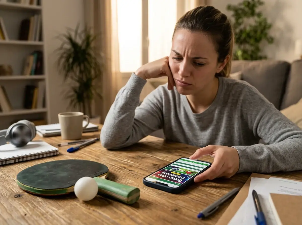 Person betrachtet skeptisch ein Smartphone mit einem Werbebanner für einen Bonus ohne Einzahlung