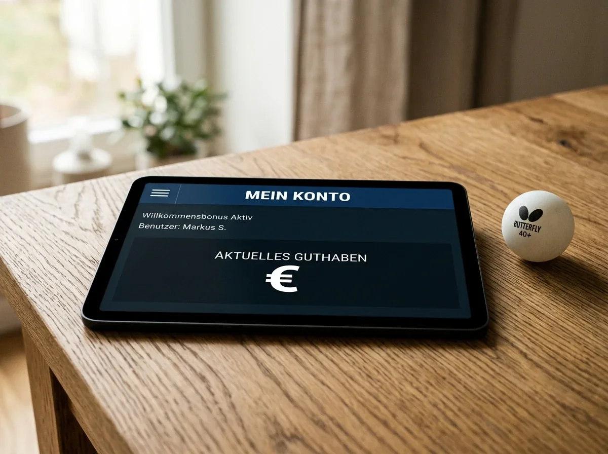 Tablet zeigt ein leeres Wettkonto mit gutgeschriebenem Startguthaben als Symbol € ohne Einzahlung