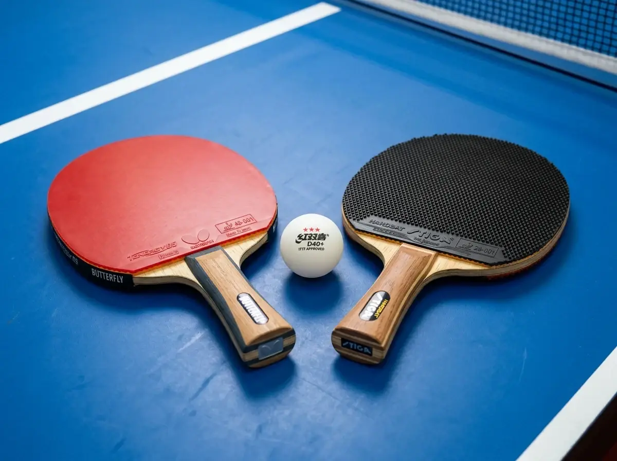 Ein klassischer Tischtennisschläger und ein Hartgummi-Schläger liegen nebeneinander