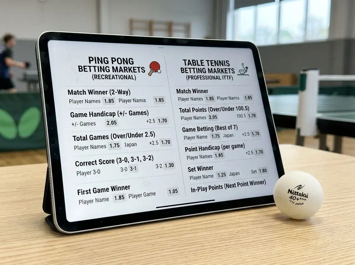 Tablet zeigt unterschiedliche Wettmärkte für Ping Pong und Tischtennis nebeneinander