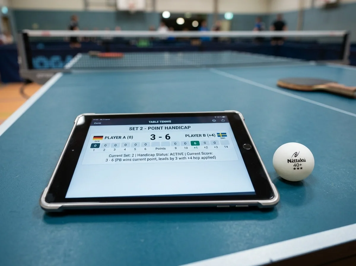 Tablet zeigt ein Punktehandicap innerhalb eines einzelnen Tischtennissatzes