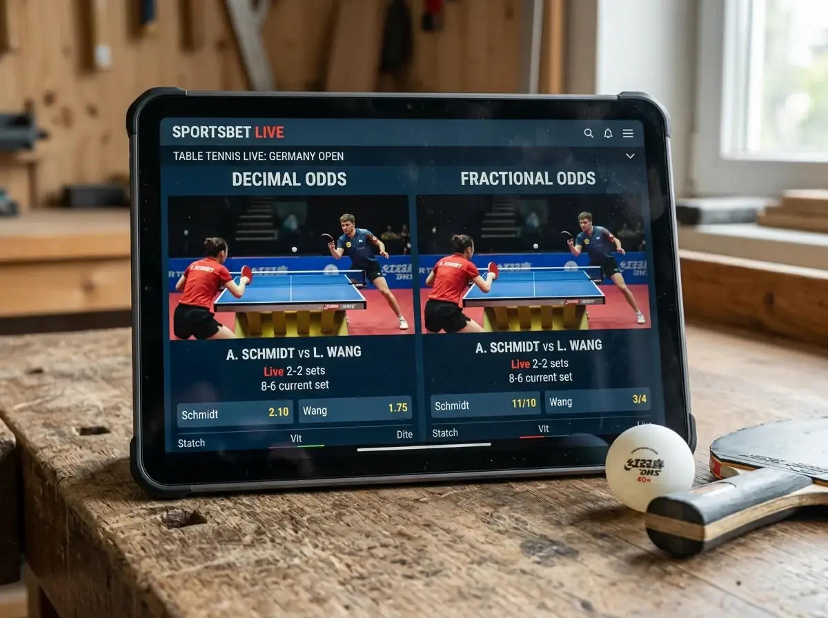 Tablet zeigt Dezimal- und Bruchquoten desselben Tischtennisspiels nebeneinander
