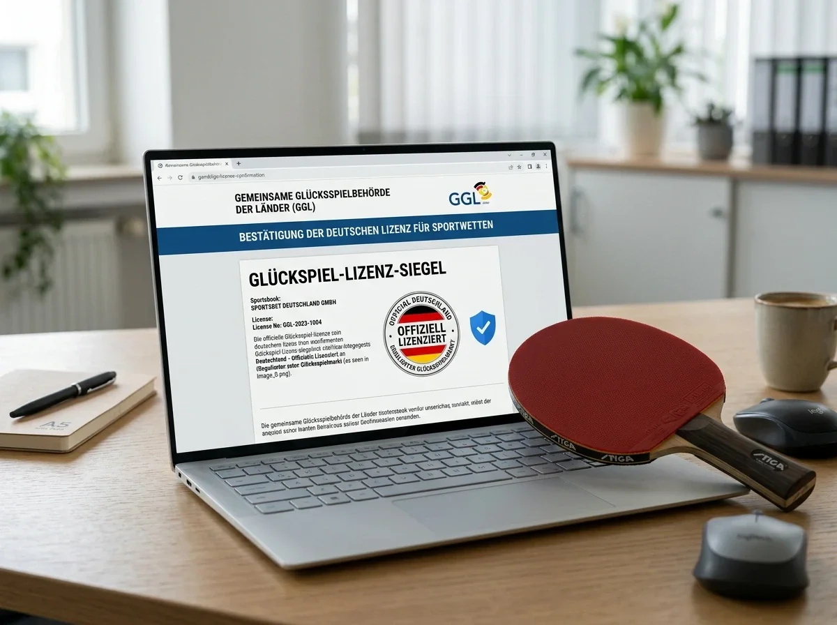 Laptop zeigt eine offizielle deutsche Lizenz-Bestätigung einer Sportwetten-Plattform