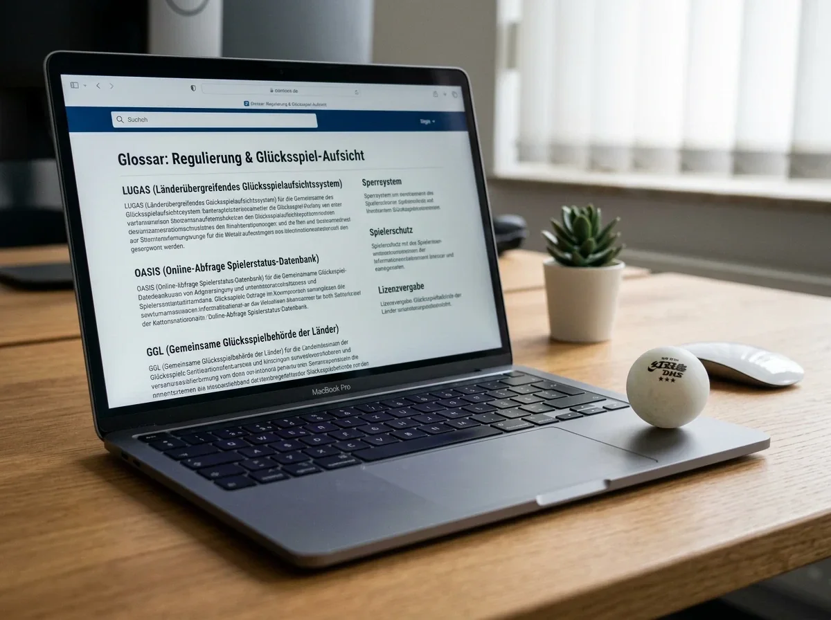 Laptop zeigt erklärte Regulierungsbegriffe wie LUGAS, OASIS und GGL