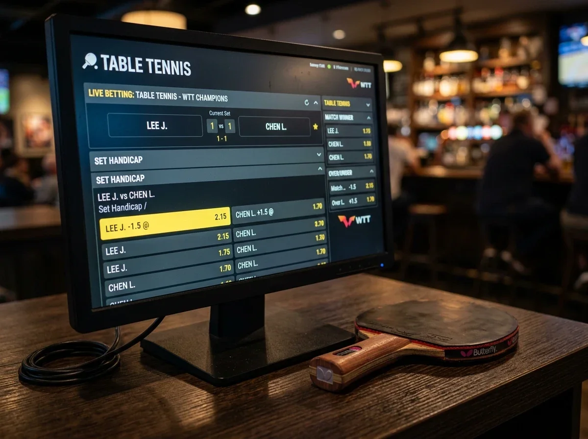 Bildschirm zeigt ein Satzhandicap von minus eins komma fünf bei einem Tischtennisspiel