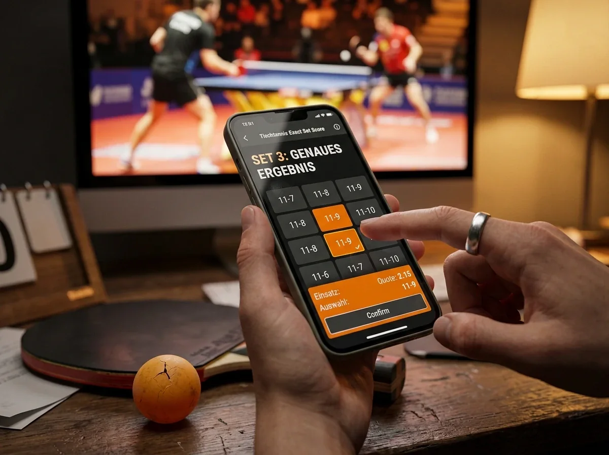 Wettender wählt auf dem Smartphone ein exaktes Satzergebnis beim Tischtennis