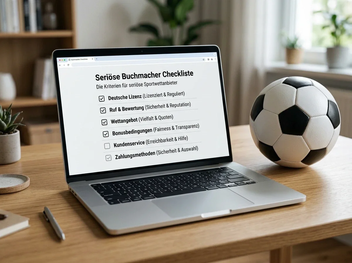 Laptop zeigt eine Checkliste zur Prüfung seriöser Buchmacher beim Tischtennis
