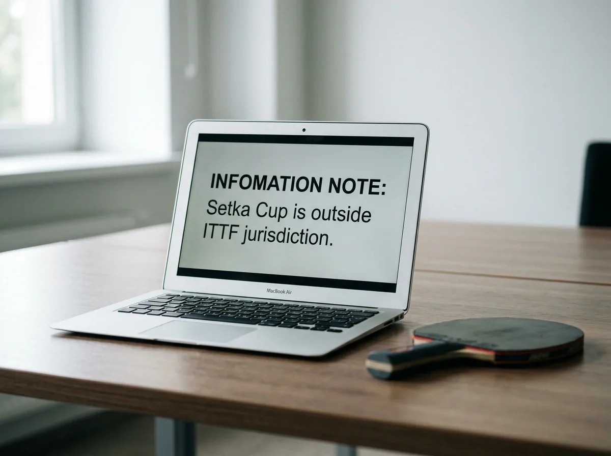 Laptop zeigt den Hinweis, dass die Setka Cup außerhalb der ITTF-Aufsicht liegt